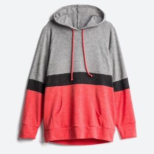 Loveappella Tamar Colorblock Hoodie with thumb holes. 3X. Red black and grey.